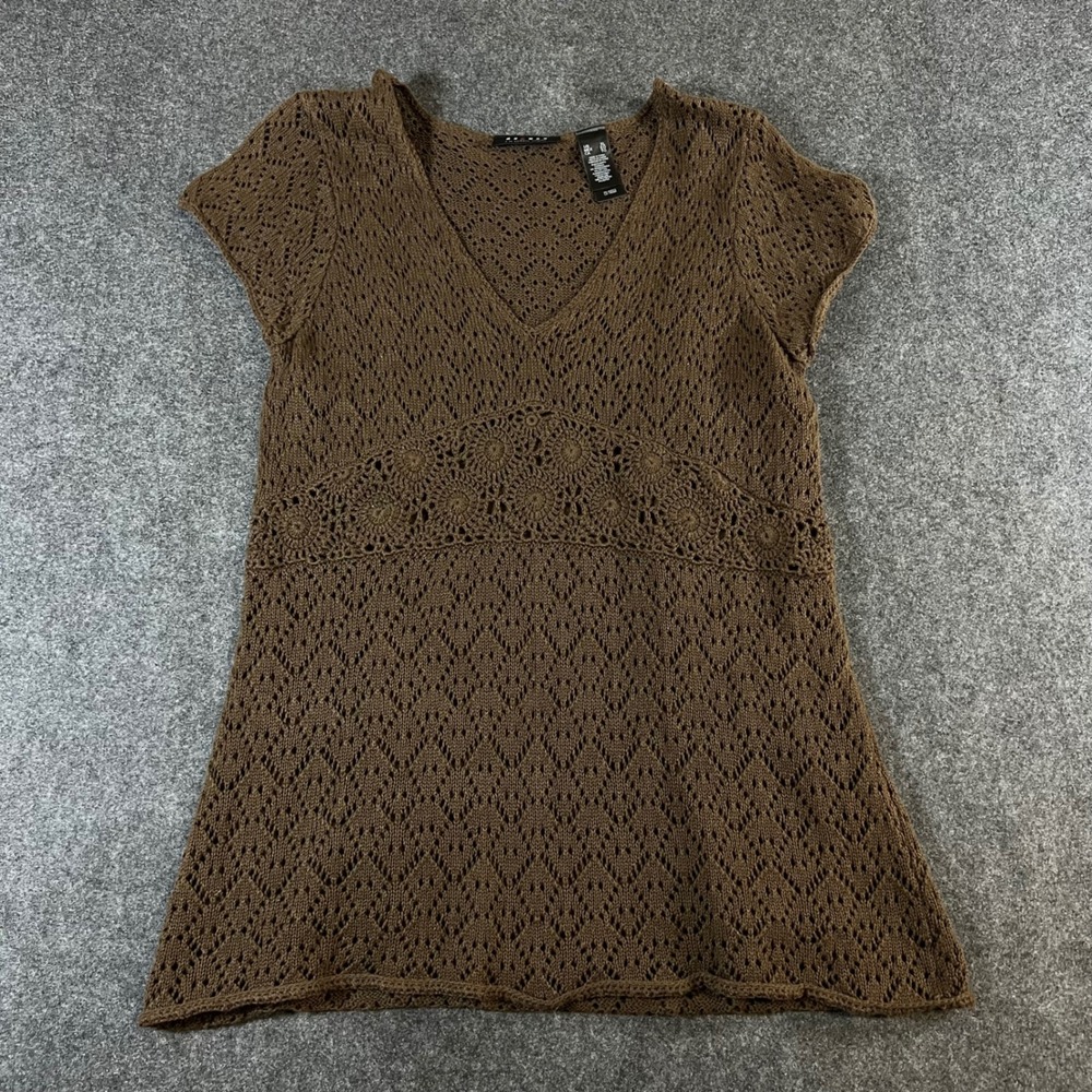 Axcess Liz Claiborne Brown Pointelle Crochet Knit V-Neck Top XL Boho Cottagecore